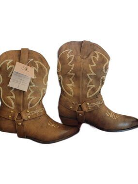 Women’s Cowboy Boots Pointed Toe Mid Calf Embroidery Chunky Heel NWT